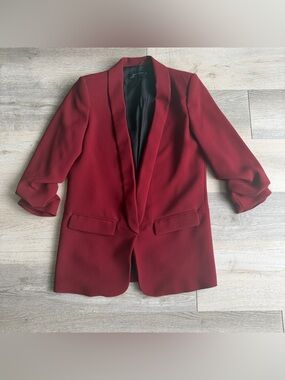 Zara woman maroon burgundy 3/4 ruch sleeve open front blazer S chic